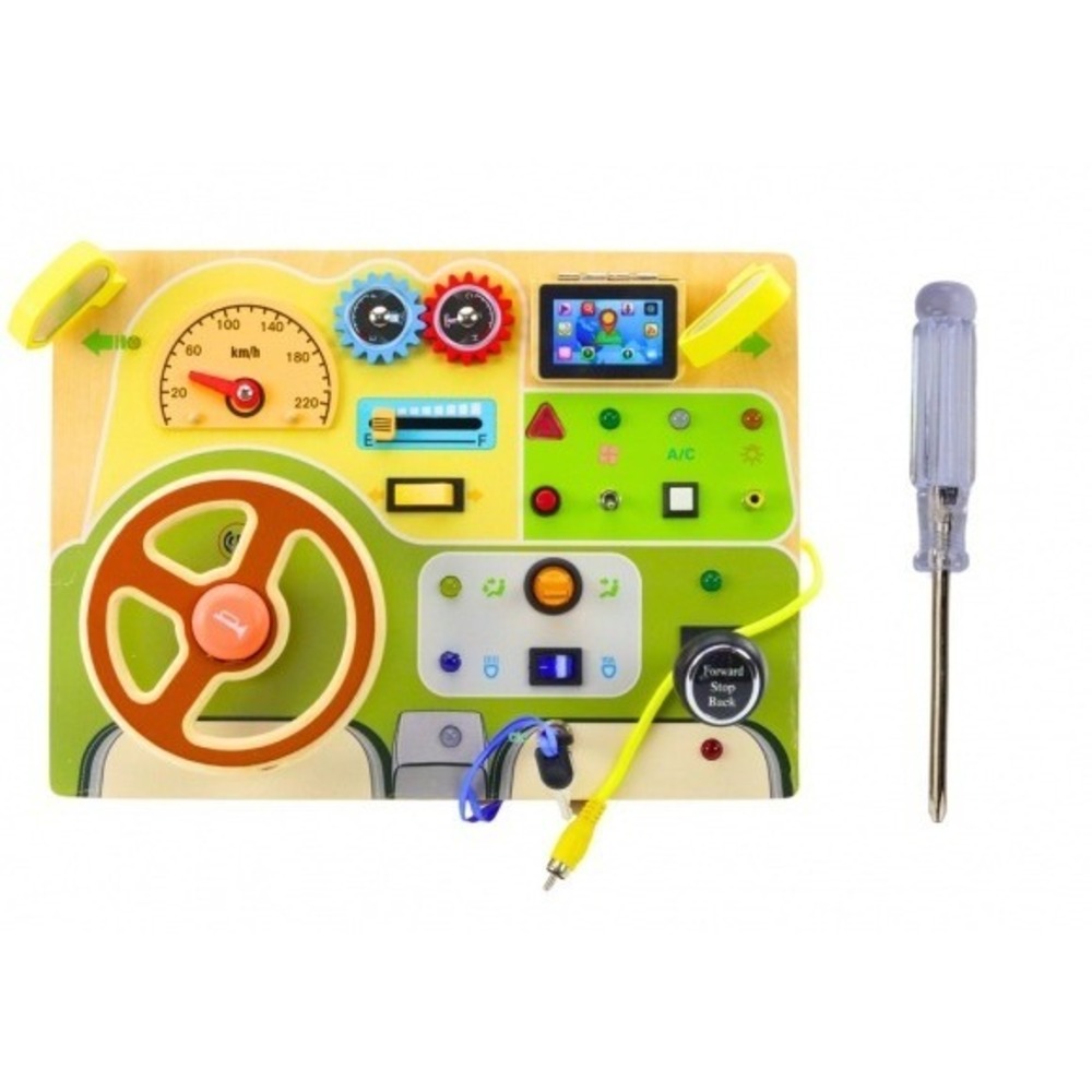 Montessori Wooden Busy Board Toddler Sensory Toy w/ Switch & Steering Wheel